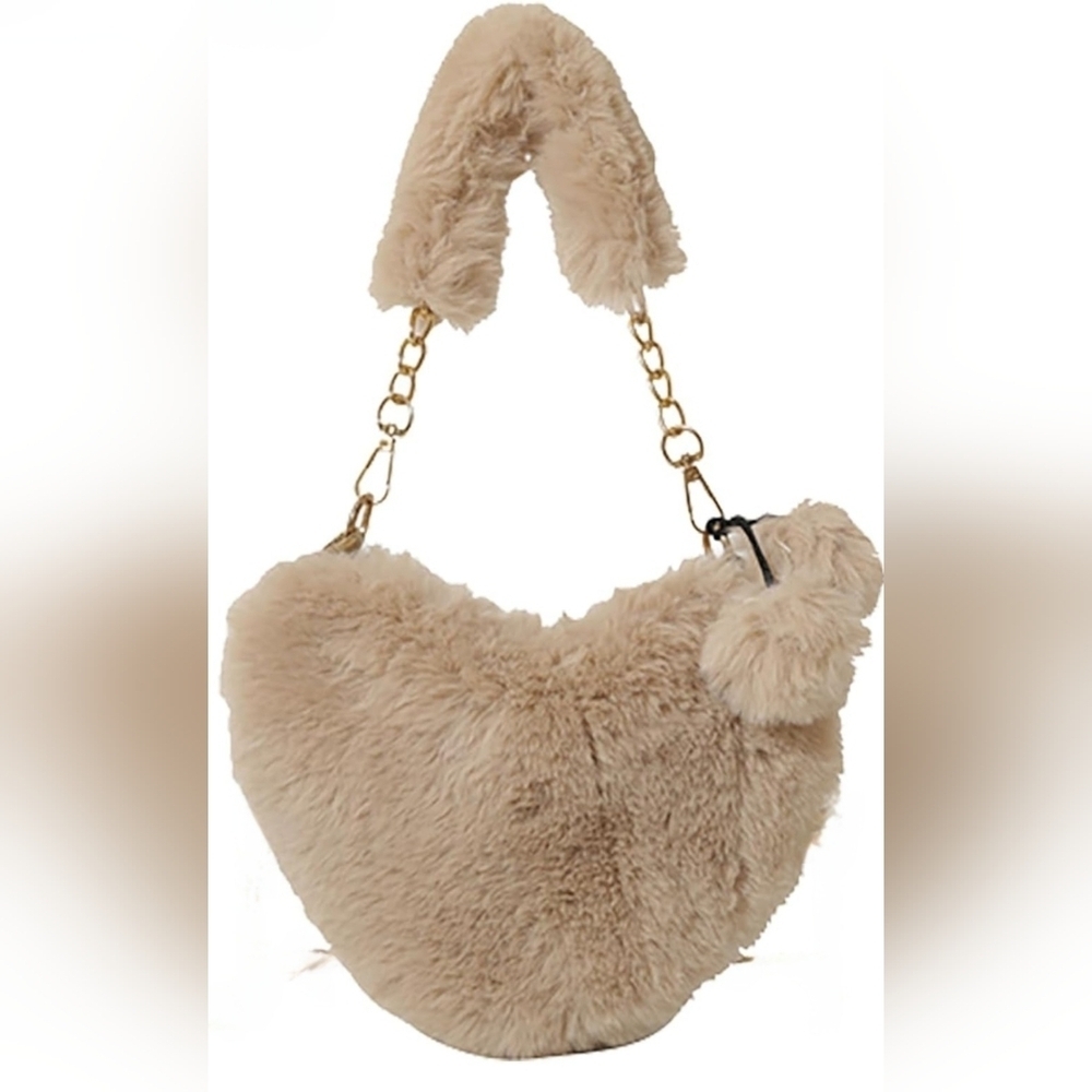 Beige Hobo Mini Tote Handbag Fluffy Fur Purse